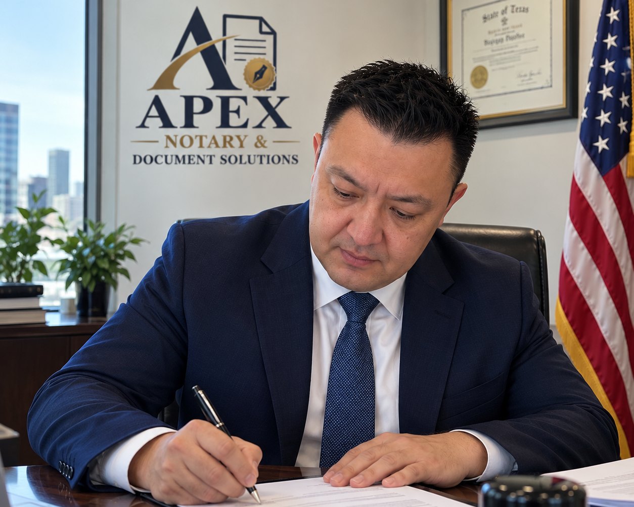 Нотариус оформляет документы в офисе Apex Notary and Document Solutions в Кейти, Техас