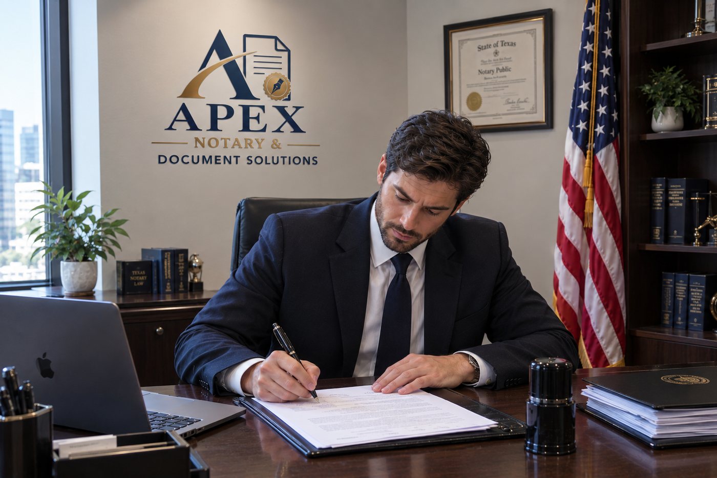Notary signing documents at the Apex Notary and Document Solutions office in Katy, TX